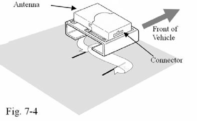 (e) Place the bracket/receiver assembly through the carpet as shown (Fig. 7-4) () Make sure the bracket goes all the way through the carpet so that the feet can be mounted to the floor pan. (Fig. 7-5) (f) Remove the 2 release tabs from the bottom of the bracket and mount the bracket to the floor pan.
