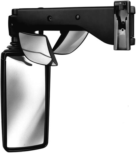 Bus Mirrors E.g. for MAN, Neoplan and Scania Black plastic mirror head and arm. Driving mirror electrically adjustable. Front end observation mirror and door observation mirror manually adjustable.