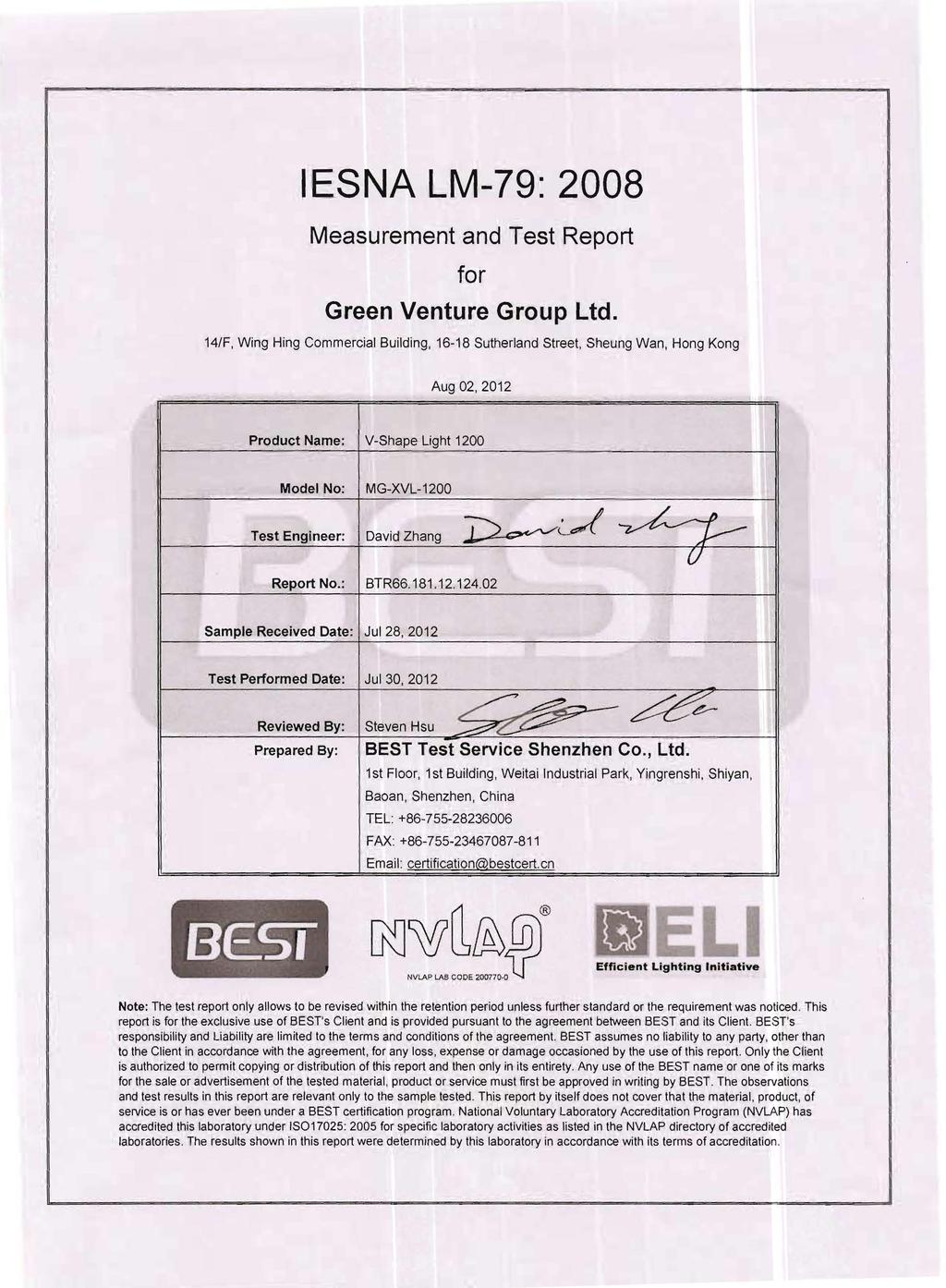 IESNA LM-79: 28 Measurement and Test Report for Green Venture Group Ltd.