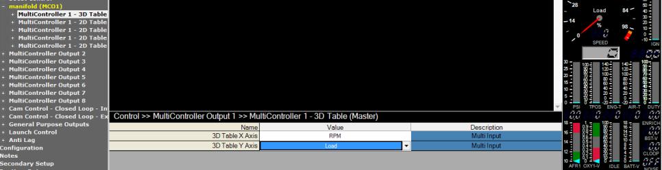 Control >> MultiController Output 1 >> MultiController 1-3D Table (Master) >> 3D Table Y Axis I have found that with manifold control the best option for the Y axis is LOAD.