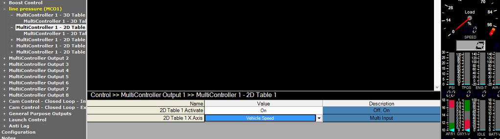 Control >> MultiController Output 1 >> MultiController 1-2D Table 1 >> 2D Table 1 X Axis What parameter do you want the 2D table to be controlled by? In this example we will use road speed.