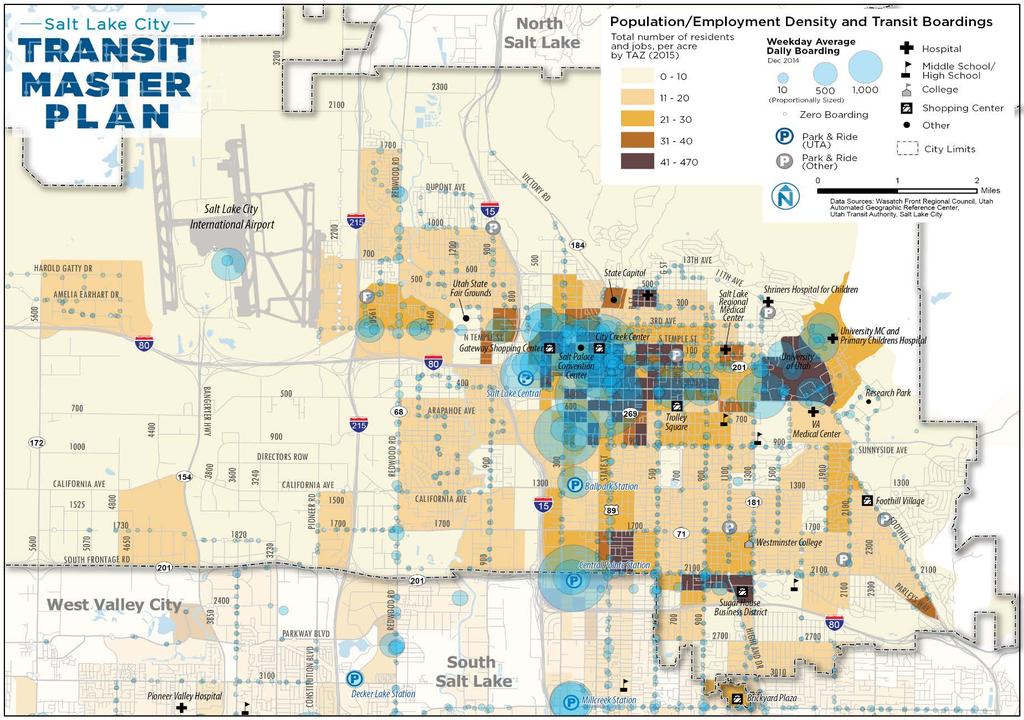 Figure C-1 Population/Employment Density and Weekday Transit Boardings: