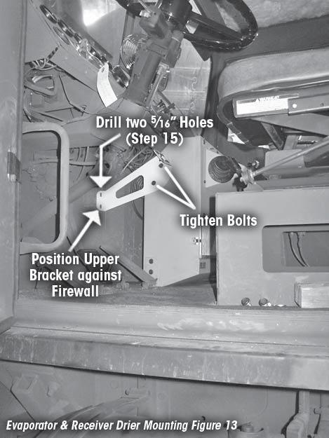 Tighten the two rear and upper side evaporator bracket mounting bolts, leaving the bottom side bolt loose at this time. See Figure 11 against the fi rewall.