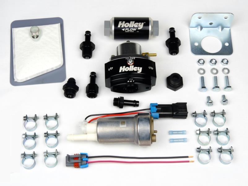 Component Listing and Images Regulator After Fuel Rail Walbro / TI Automotive Intank Fuel Pump (190 or 255 LPH) 1 Sock Filter 1 Holley 10 Micron Post-Filter 1 Adapter, 3/8 NPT Male to 3/8 HB 2 Pump