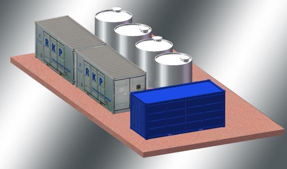 Containerized power module with flexible energy storage tanks A 750kW / 2MWh system consists of 3x 20 shipping containers and 4 electrolyte tanks