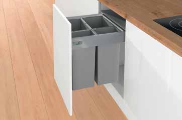 Frame powder coated steel, silver Bin plastic grey 1 fitted frame including front stay and lid Bins Fixing material InnoTech Pull, Atira all-inclusive Pull, all-inclusive sets sets For carcase width