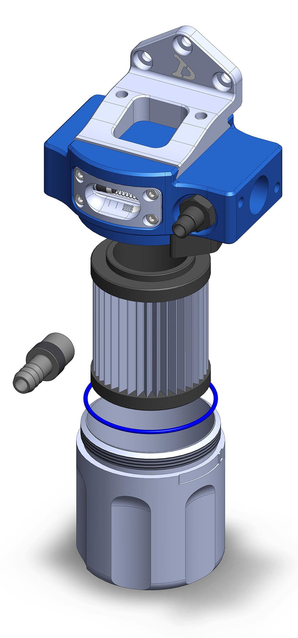 Servicing Relieving Pressure The ID F750 has been designed to make element changes quick and simple. The first step is to release pressure from the system, which is done with the Schrader adapter.
