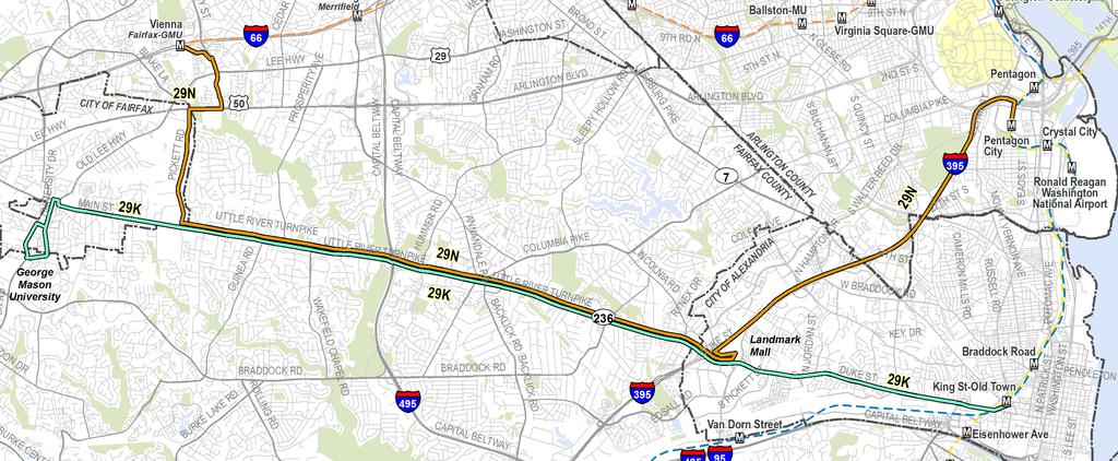 Option 17: Restructure Local Service - The Alexandria-Fairfax Line (29K-N), which provides all-day service along Little River Turnpike, would continue to have two variations; however, only one