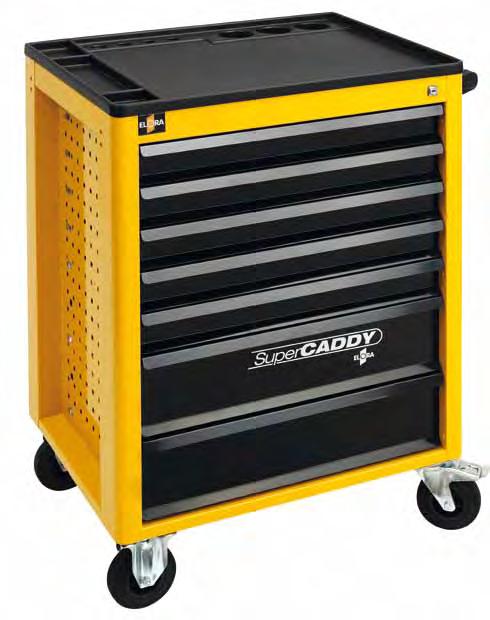 1220-loT Roller Tool Cabinet Super Caddy 7 drawers solid metal sheet pattern, ELORA-yellow (RAL 1006) corrosion- and scratch-resistant powder-coating shelf space on the top made of ABS plastic with 3