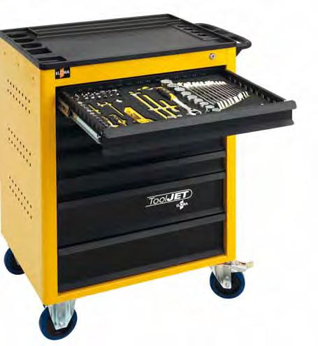 1225-loT Roller Tool Cabinet ToolJet 7 drawers solid metal sheet pattern with solid sub construction, ELORA-yellow (RAL 1006) corrosion- and scratch-resistant powder-coating shelf space on the top