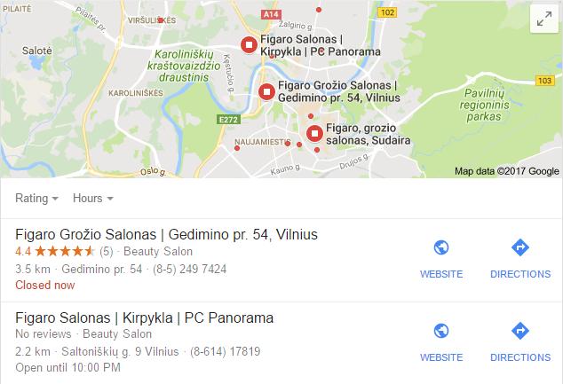 Google My Business Žemėlapis Įvertinimai ir atsiliepimai Kontaktinė informacija Atstumas Darbo laikas