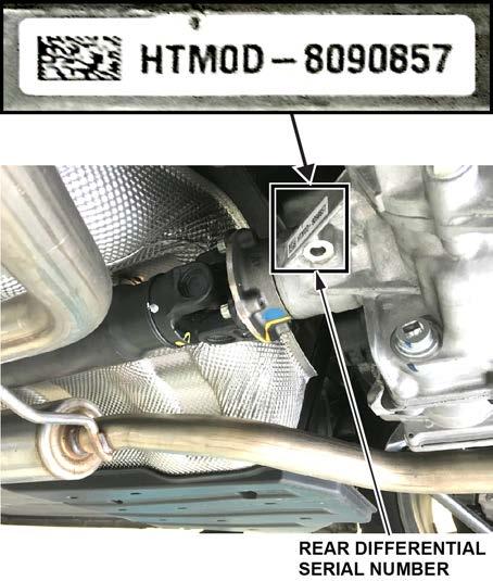 4. Inspect the rear differential serial number and confirm it is within the affected serial range: If the serial number is higher than HTM0D-8005602, stop. This bulletin does not apply.