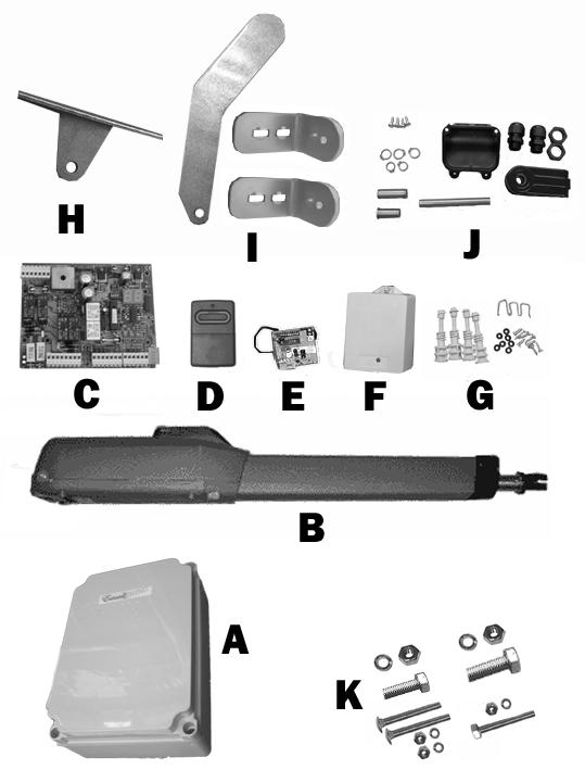 Estate Swing Parts List Master or Single Operator A. Control Box B. Operator Arm with 7 of 5 Conductor Wire and Key C. Control Board D. Transmitter E. Receiver F. Transformer G.