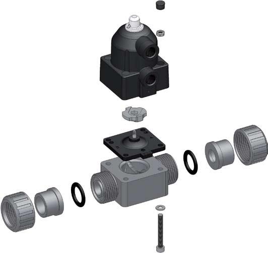 COMPONENTS EXPLODED VIEW 8 9 1 2 3 4 10 11 7 6 5 1 Actuator (PP-GR - 1) 2 Compressor (IXEF - 1) 3 Diaphragm seal (EPDM - 1) 4 Valve body (PVC-U - 1) 5 Socket seal O-ring (EPDM - 2) 6 End connector