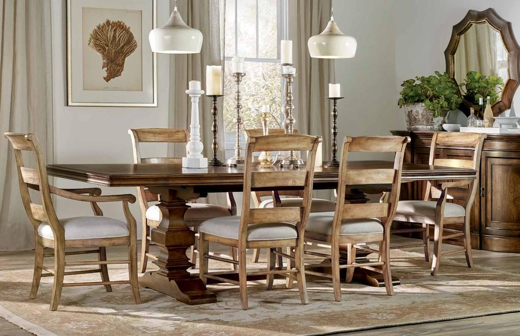 DINING Gracious living is made possible with the Archivist dining ensemble. Dining pieces feature an 86-inch trestle table that extends to seat 10-12 comfortably in classic ladder-back chairs.