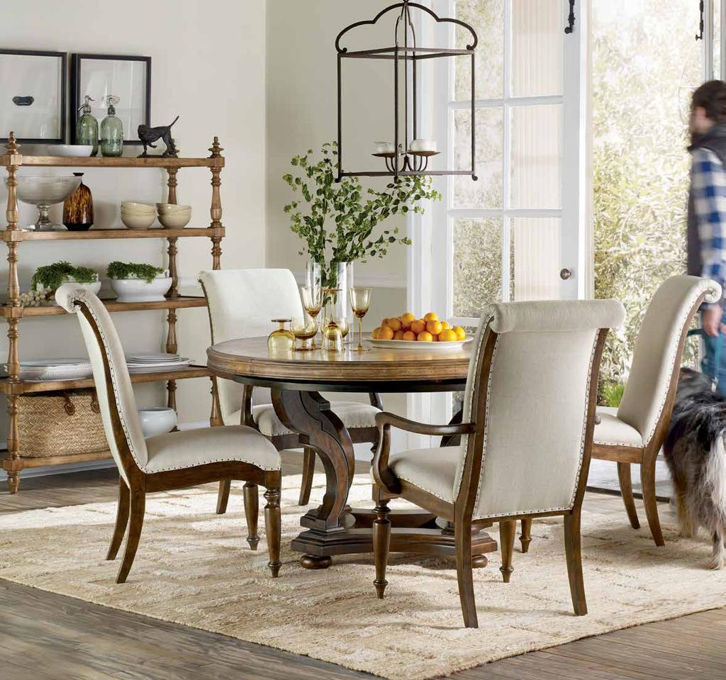 Pair the dining table base in rich, rustic Pecan finish with a table top in your choice of a lighter Toffee finish or the