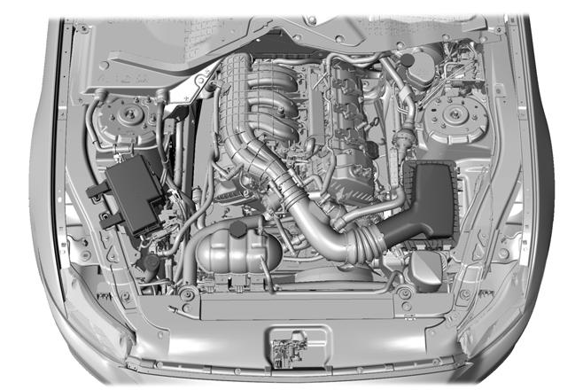 Maintenance UNDER HOOD OVERVIEW - 3.7L E174559 A. B. C. D. E. F. G. H. Battery (out of view). See Changing the 12V Battery (page 222). Engine oil filler cap. See Engine Oil Check (page 215).