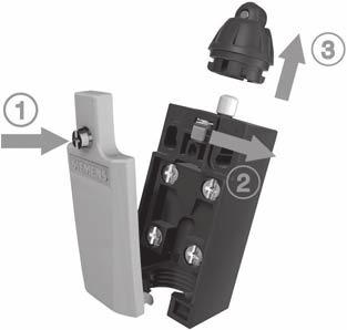 Additional contacts Exchangeable two and three-pole switching blocks for all enclosure sizes (1) Open cover (2) Actuate locking lever (3) Replace the head (turnable by 16 x 22.