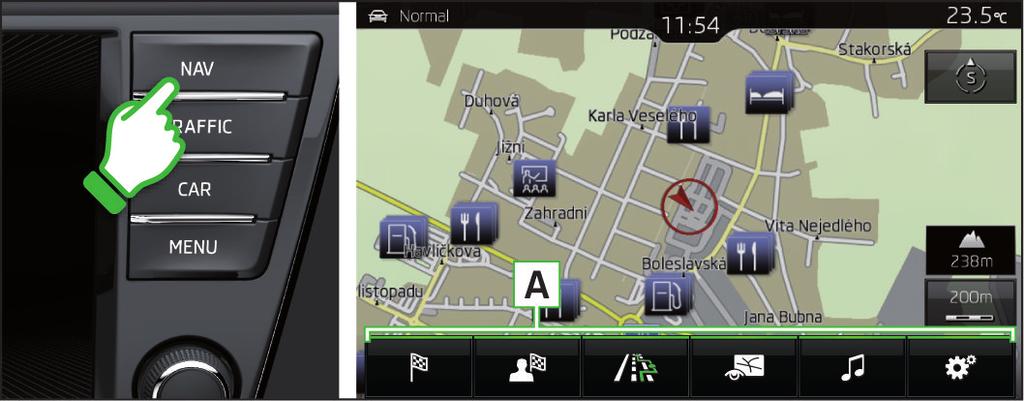 Navigation Navigation main menu Enter new destination and start route guidance Press the NAV button, the main menu navigation is