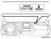 22p241a The AIRBAG ON and AIRBAG OFF indicator lights indicate the actuation of the front passenger airbag, side airbag on the front passenger seat and front passenger s seat belt pretensioner.