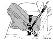 22p037c 1. Run the lap and shoulder belt through or around the infant seat following the instructions provided by its manufacturer and insert the tab into the buckle taking care not to twist the belt.