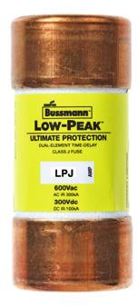 Low voltage, branch circuit fuses LPJ_SP Class J Low-Peak dual-element, timedelay fuses Dual-element, time-delay Class J fuse; seconds (minimum) at 500% rated amps, available with optional indication