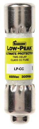 Low voltage, branch circuit fuses LP-CC Class CC Low-Peak time-delay, rejectiontype fuses Time-delay, current-limiting, rejection-type fuse 2 seconds (minimum) at 200% rated amps.