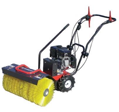 and powered by gasoline engine 14" diameter brush head, 24" wide Adjustable handle 3 x 4 tires for excellent traction in snow and turf 1 forward and 1 reverse speed (2mph)