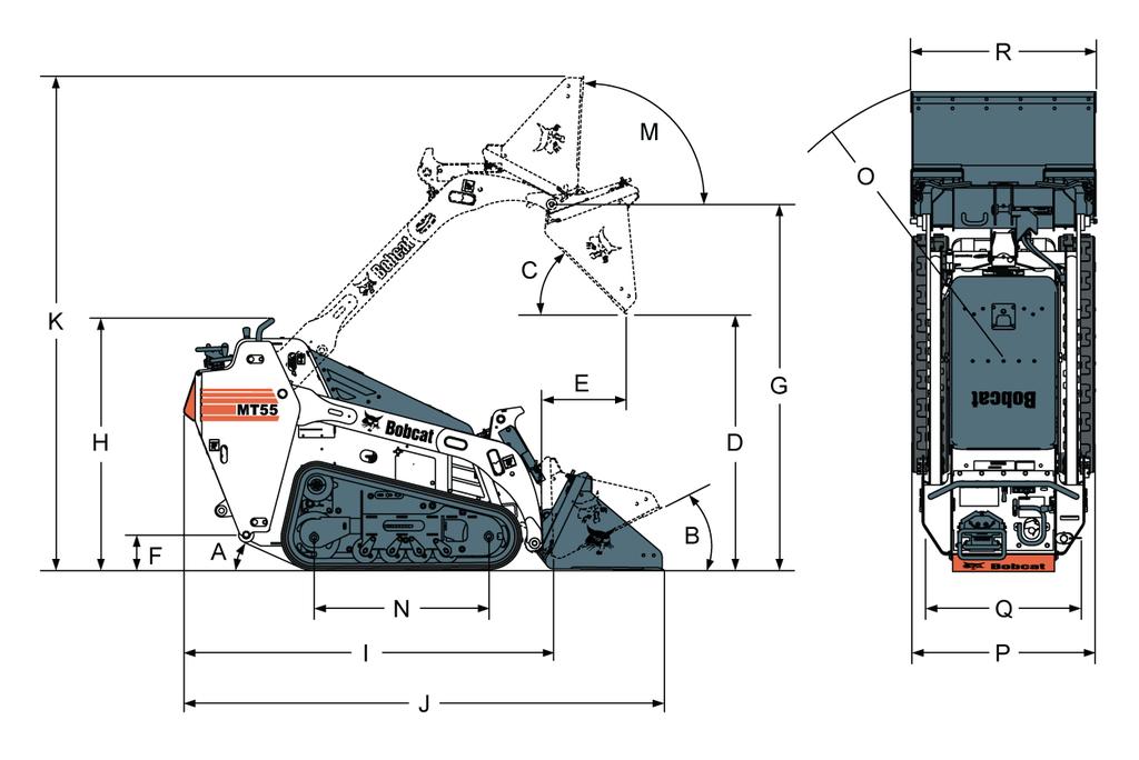 Copyright 2000-2010 Bobcat Europe MT55 Mini Tracked Loader A3WU 11001 A3WU 99999 15/02/2010 Dimensions (A) Angle of departure 23.3 Carry position 168 mm (C) Dump angle at maximum height 49.