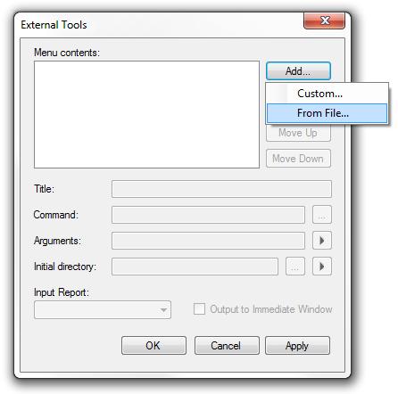 Note: Your External Tools menu may already contain some Tools Click the Add button, and select From File from the context menu. Navigate to the location of the QuaSAR-1_0.