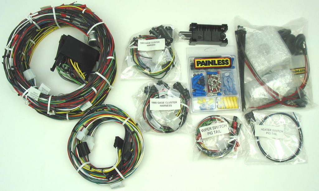 Bag Kit containing 3 types of Nylon Tie Wraps, 10 Instrument Panel Light Bulbs, Maxi Fuse, Grommets, 2 Fire Wall Pass-through Plates, and a Fuse Identification Label.