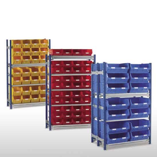 Toprax - Standard Bay Shelving c/w TC Bin Kits Fully adjustable bolt free pre-kitted system TC container colour options in blue, red, green or yellow Other options available, please contact our Sales