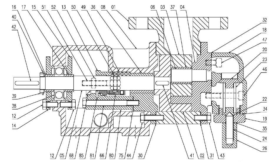 ORIGINAL SECTIONAL DRAWING 01 Housing 02 Rotor 03 Driven gears 04 Lid 05 Shaft 06 Pivot 08 Support 09 Support flanget 12 Bearing protector screw 13 Cable gland 14 Bearing protector 16 End piece 18