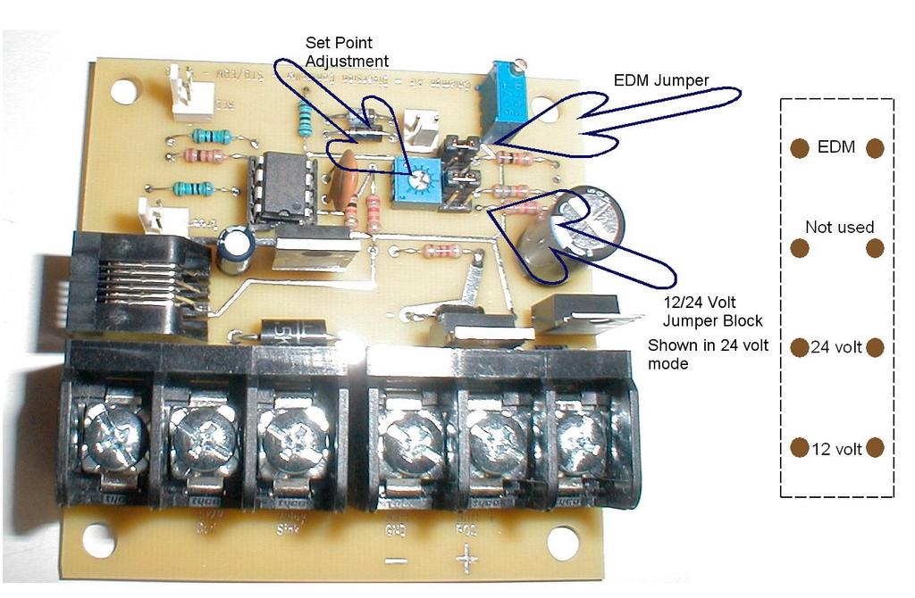 Jumper Settings: Changing from 24 volt to 12 volt operation. To set the controller for use with a 12 volt system, place the jumper in the 1 st position, closest to the large terminal block.