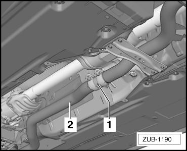 3.5 Assembling the exhaust system: 4-cylinder TDI Detach the pipe clip -1-, and support the flex pipe -2-; secure if necessary. Caution Risk of damage to the decoupler.