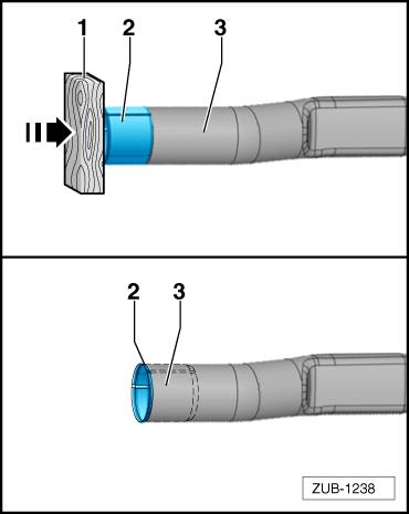 Position the plastic or wooden part -1- on the dual nozzle -2-. Hammer the dual nozzle -2- into the Y pipe -3- using the soft-head hammer.