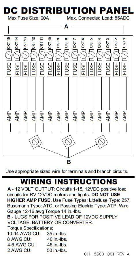 DC Wiring Label (located inside outer door) A. Load circuit fuses should be appropriately rated for the safe amperage capacity of the load wiring gauge used. B.