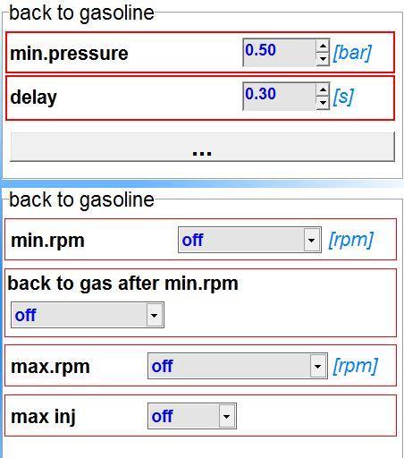 Min. Pressure This is the minimum pressure in low pressure line before the ECU switches back to gasoline (automatically set during auto-calibration) Delay The number of time in which minimum pressure