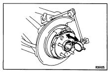 REMOVE REAR BRAKE CALIPER AND DISC (a) Remove the 2 bolts and brake caliper from the rear axle hub. Torque: 104 N m (1,065 kgf cm, 77 ft lbf) (b) Support the brake caliper securely.