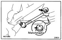 1 (a) Remove the bolt and disconnect the parking brake cable bracket. (b) Place matchmarks on the adjusting cam and subframe.