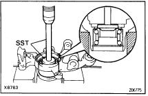 (b) Place the inner race (inside) to the bearing. (c) Using SST and a press, remove the bearing.