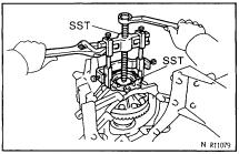 (b) Using SST and 2 bolts, nuts, remove the side gear shaft.