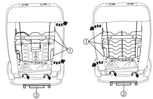 Interior Panels and Component Removal (continued): Loosen Seat Back Material 1. Disengage the seat material fastener tabs (1) from the inner side of each seat (center of vehicle). (Figure 14.) 2.