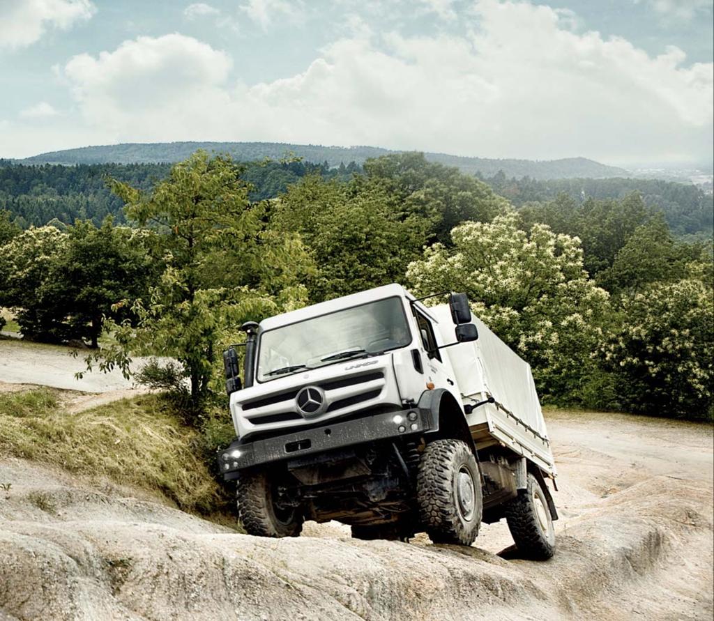 Perfection in rough terrain: the Unimog concept Torsionally flexible frame with three-point suspension mounting for cab, engine and transmission Axle suspension with torque tube technology Axle
