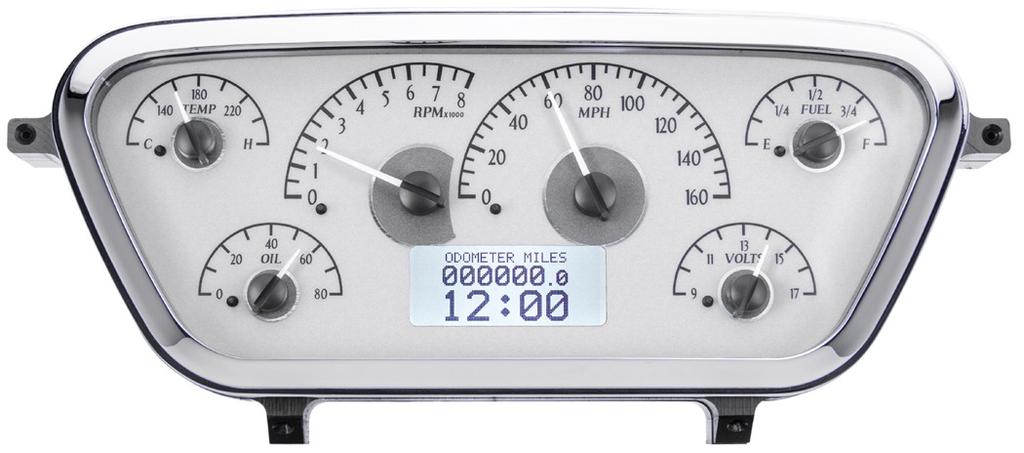 Dual message centres 160mph speedo, silver alloy face with blue lighting.