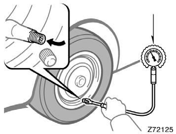 Tire pressure gauge INSPECTION AND ADJUSTMENT PROCEDURE 1. Remove the tire valve cap. 2. Press the tip of the tire pressure gauge to the tire valve. 3.