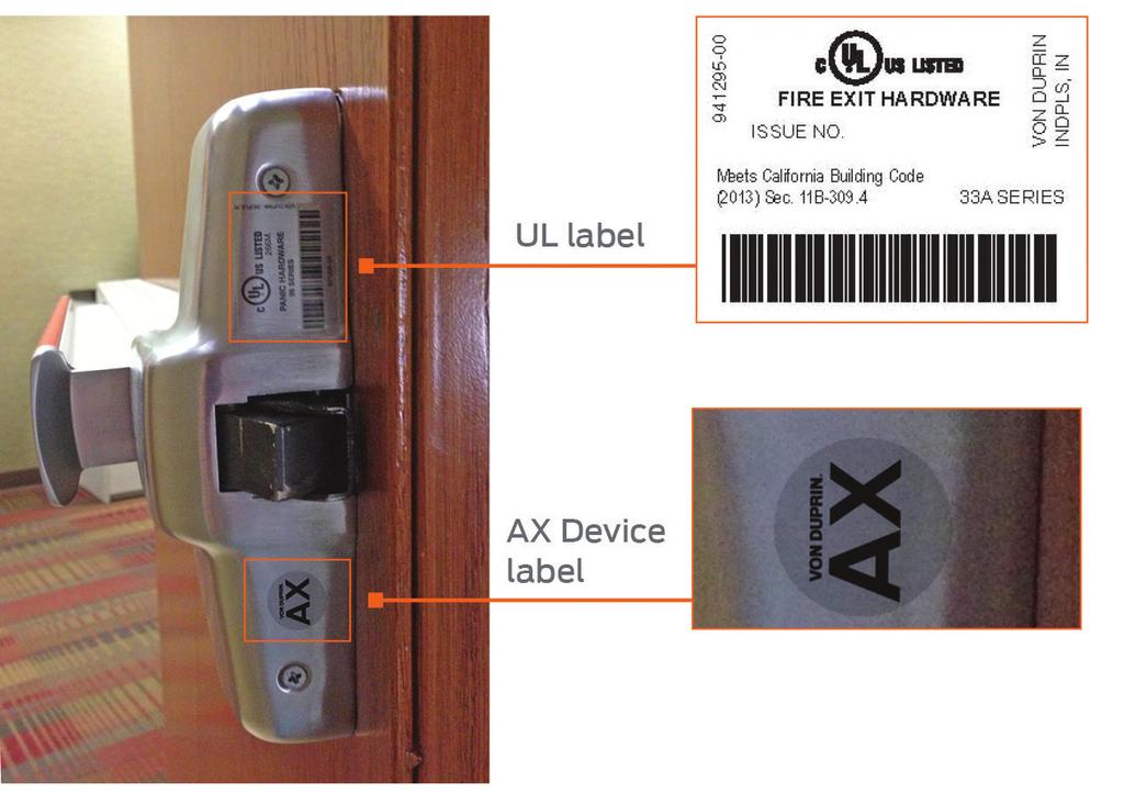 Additionally, all AX devices will be shipped with a new UL label clearly stating Meets California building Code (2013) Sec. 11B-309.4 and an AX identifier label on device center case.