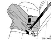 CAUTION 1. Run the lap and shoulder belt through or around the infant seat following the instructions provided by its manufacturer and insert the tab into the buckle taking care not to twist the belt.