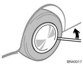 Removing wheel ornament (steel wheels) Loosening wheel nuts CAUTION Never use oil or grease on the bolts or nuts. The nuts may loose and the wheels may fall off, which could cause a serious accident.