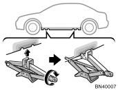 Positioning the jack Raising your vehicle CAUTION Never get under the vehicle when the vehicle is supported by the jack alone. 5. Position the jack at the correct jack point as shown.